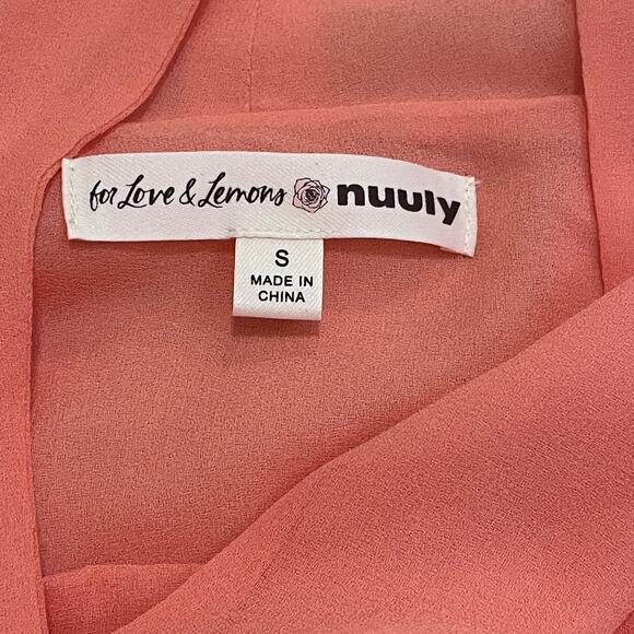 For Love & Lemons Joana Crop Top Coral | Ruffle Bell Sleeve Tie Neck, S, $229 - Picture 7 of 12